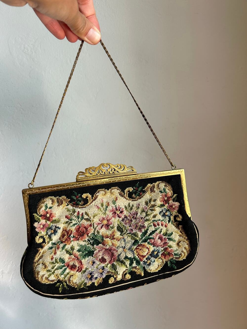 Vtg Jolles Original Austria Petit Point Brass Filigree Floral Needlepoint Bag
